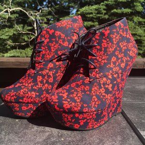 Navy Blue and Red Floral Wedge Heels